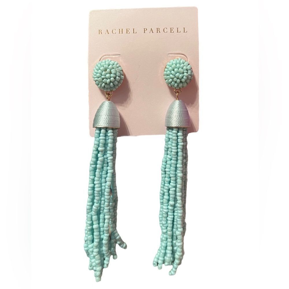 Rachel Parcell Beaded Linear Tassel Earrings In Seafoam Gold NWT